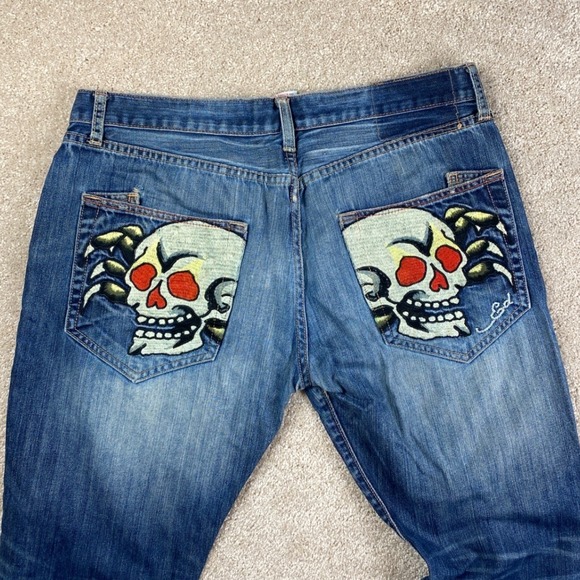 Ed Hardy Tammy Denim Jeans Skull Spider Embroidery Button Fly Straight Fit 36x34